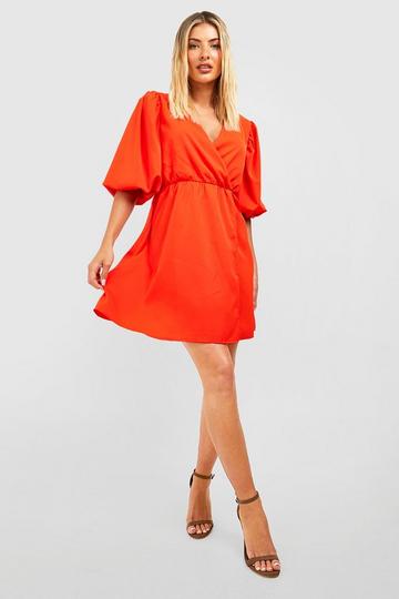 Red Puff Sleeve Wrap Skater Dress