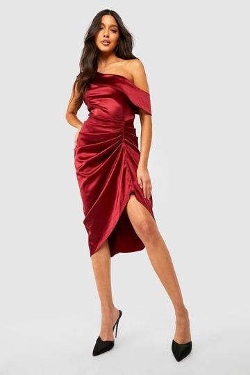 Red Satin Off The Shoulder Draped Side Split Midi Dress