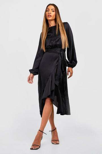 Long Sleeve Satin Frill Wrap Midi Dress black