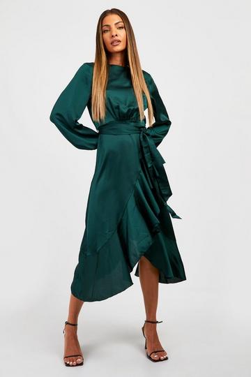Long Sleeve Satin Frill Wrap Midi Dress emerald