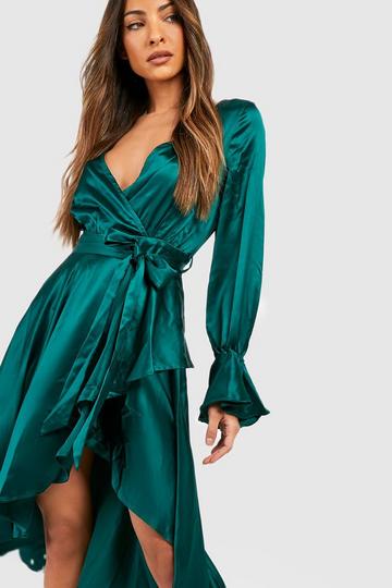 Satin Flare Cuff Wrap Midi Dress emerald
