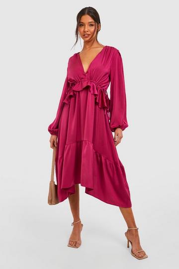 Pink Satin Ruffle Plunge Midi Dress