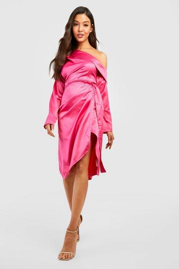 Pink Satin Slash Neck Midi Dress
