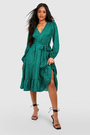 Animal Ruffle Wrap Midi Dress emerald