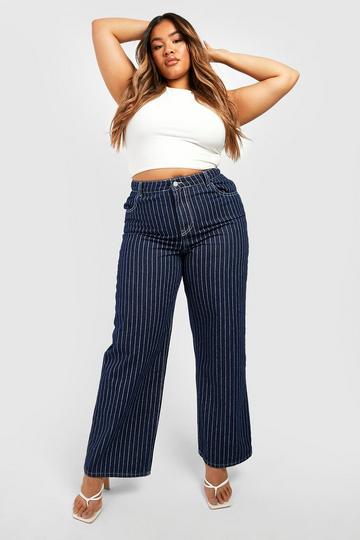 Plus High Waisted Pinstripe Wide Leg Jeans navy