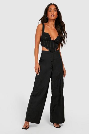 Black Petite Relaxed Wide Leg Shell Cargo Trouser