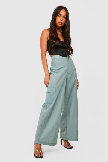 Khaki Petite Relaxed Wide Leg Shell Cargo Pants