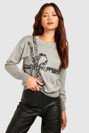 Petite Sequin Bow Christmas Sweater grey
