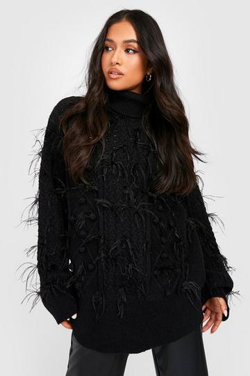 Petite Roll Neck Feather Cable Knit Jumper black