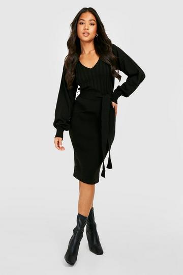 Black Petite Soft Knit Belted Puff Sleeve Dress