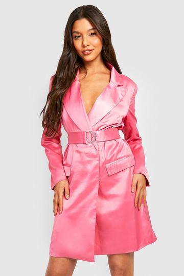 Satin Structured Belted Blazer Dress hot pink