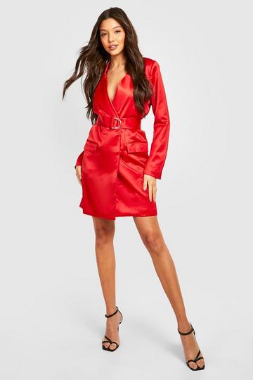 Satin Structured Belted Blazer Dress red