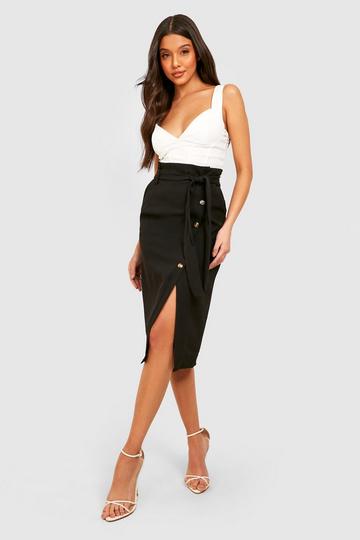 Belted Button Front Pencil Skirt black