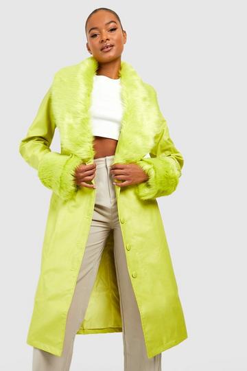 Tall Faux Fur Pu Trench Coat lime