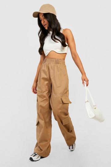 Stone Beige Petite Contrast Stitch Wide Leg Pocket Cargos