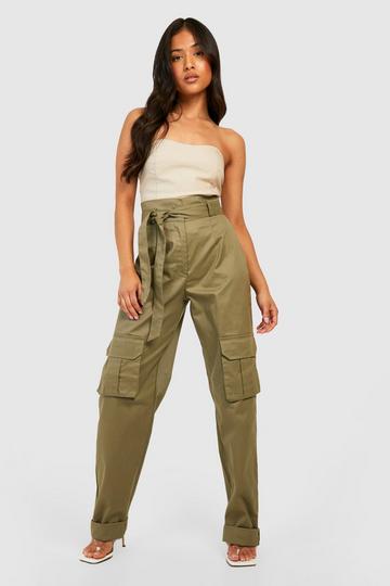 Petite High Waist Belt Paperbag Cargo Joggers khaki
