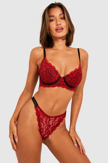 Red Valentines Contrast Floral Lace Thong