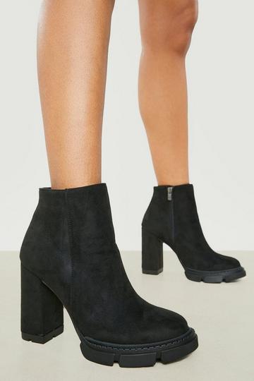 Black Cleated Block Heel Platform Ankle Boot