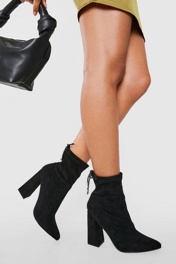 Tie Detail Pointed Toe Block Heel Sock Boots black