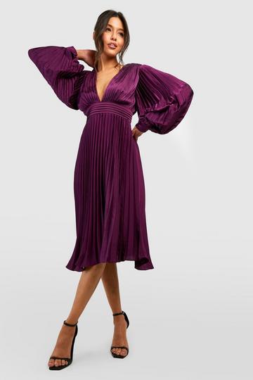 Purple Satin Pleated Midi Dress