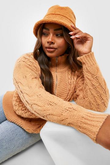 Plus Chunky Cable Knit Half Zip Jumper camel