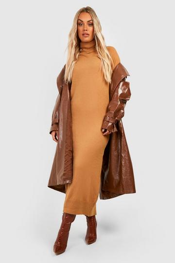 Camel Beige Plus Knitted Roll Neck Midaxi Dress