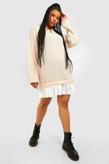 Plus Half Zip Knitted 2 In 1 Shirt Dress stone