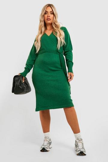Plus Belted Knitted Wrap Midi Dress forest