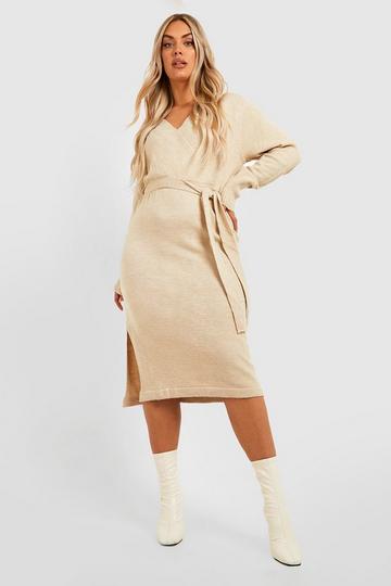 Plus Belted Knitted Wrap Midi Dress stone