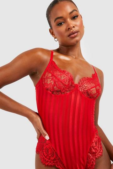 Tall Stripe Mesh And Lace Bodysuit red