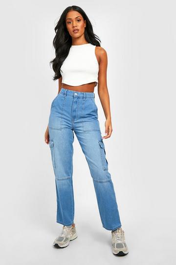 Tall Seam Detail Mid Rise Cargo Jeans mid blue
