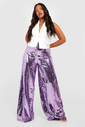 Plus Sequin Wide Leg Floor Sweeping Trousers lilac