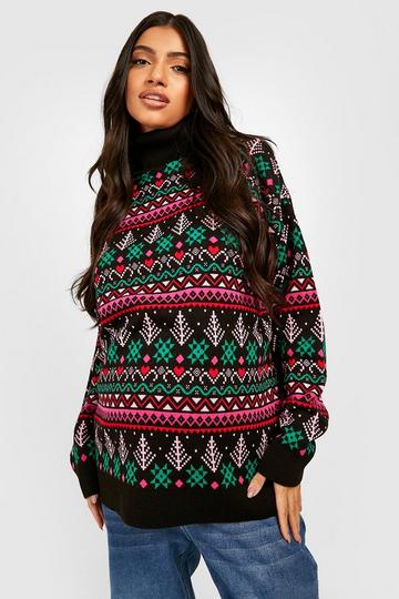 Black Maternity Roll Neck Fairisle Christmas Jumper