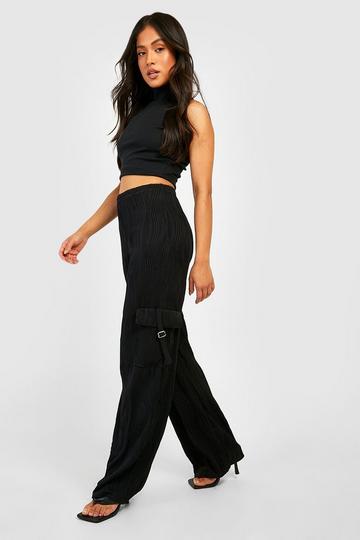 Petite Textured Wide Leg Pocket Cargo black