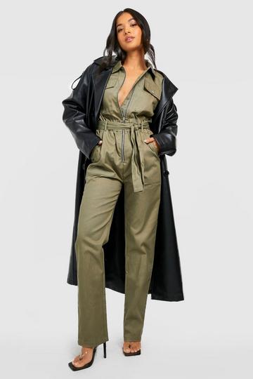 Petite Zip Up Cargo Tie Waist Boilersuit khaki