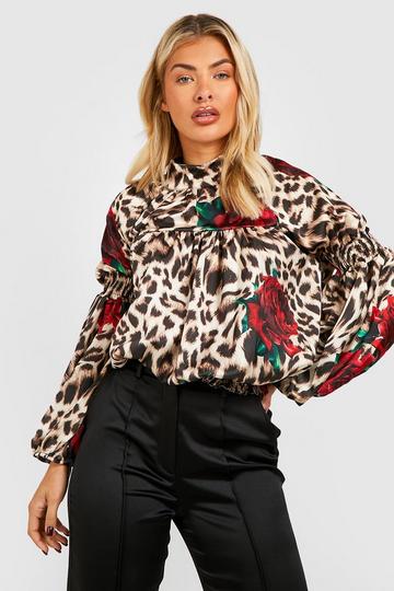 Satin Leopard Rose Print Blouse brown