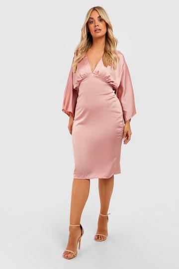 Plus Satin Pleated Batwing Midi Dress rose