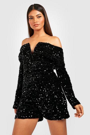 Sequin Bardot Plunge Playsuit black