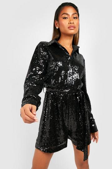 Sequin Shirt Oversized Playsuit black