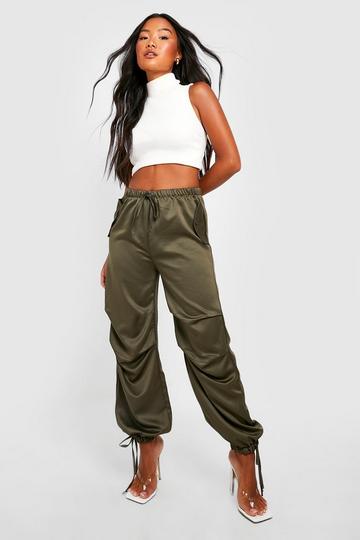 Petite Satin Ruched Detail Cargo Jogger khaki