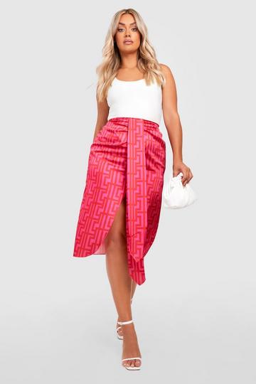 Plus Printed Satin Ruched Drape Midi Skirt pink
