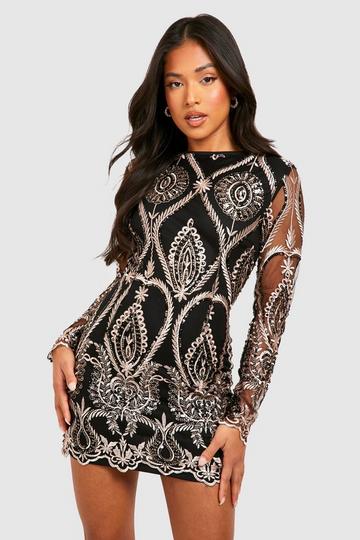 Gold Metallic Petite Damask Sequin Long Sleeve Mini Dress