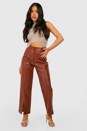 Women Casual Wide Leg Trousers PU Faux Leather Ankle Pants Elastic