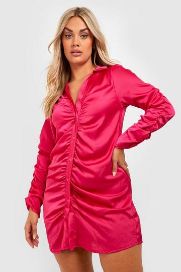 Magenta Pink Plus Satin Ruched Mini Dress