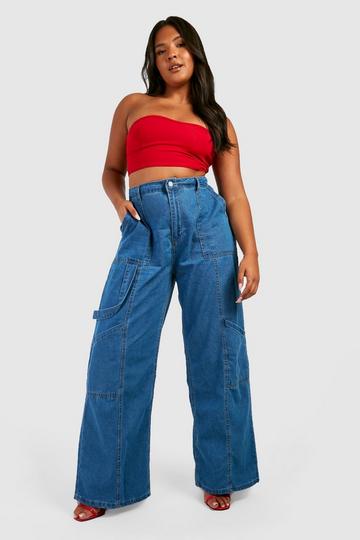 Plus Wide Leg Cargo Jeans mid wash