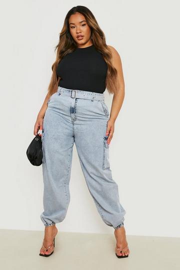 Plus Eyelet Belted Cuffed Cargo Joggers acid wash light blue