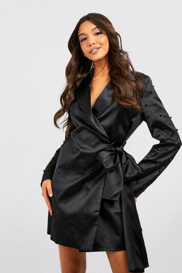 Pearl Detail Satin Wrap Blazer Dress black