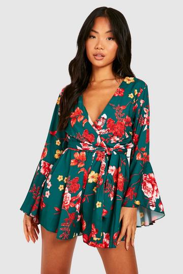 Petite Floral Flare Sleeve Tie Waist Playsuit green