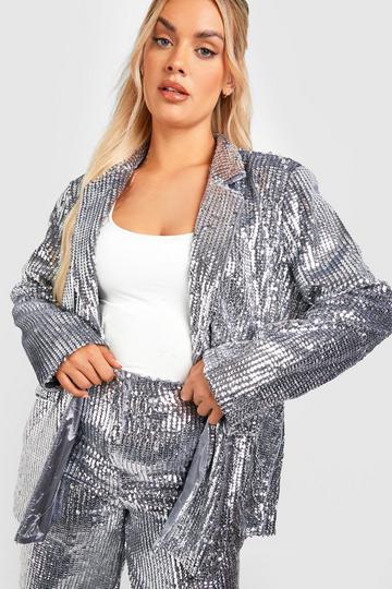 Plus Sequin Relaxed Fit Tailored Blazer silver