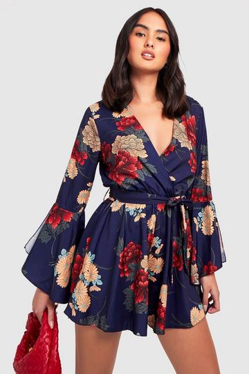 Floral Flared Sleeve Tie Waist Playsuit navy